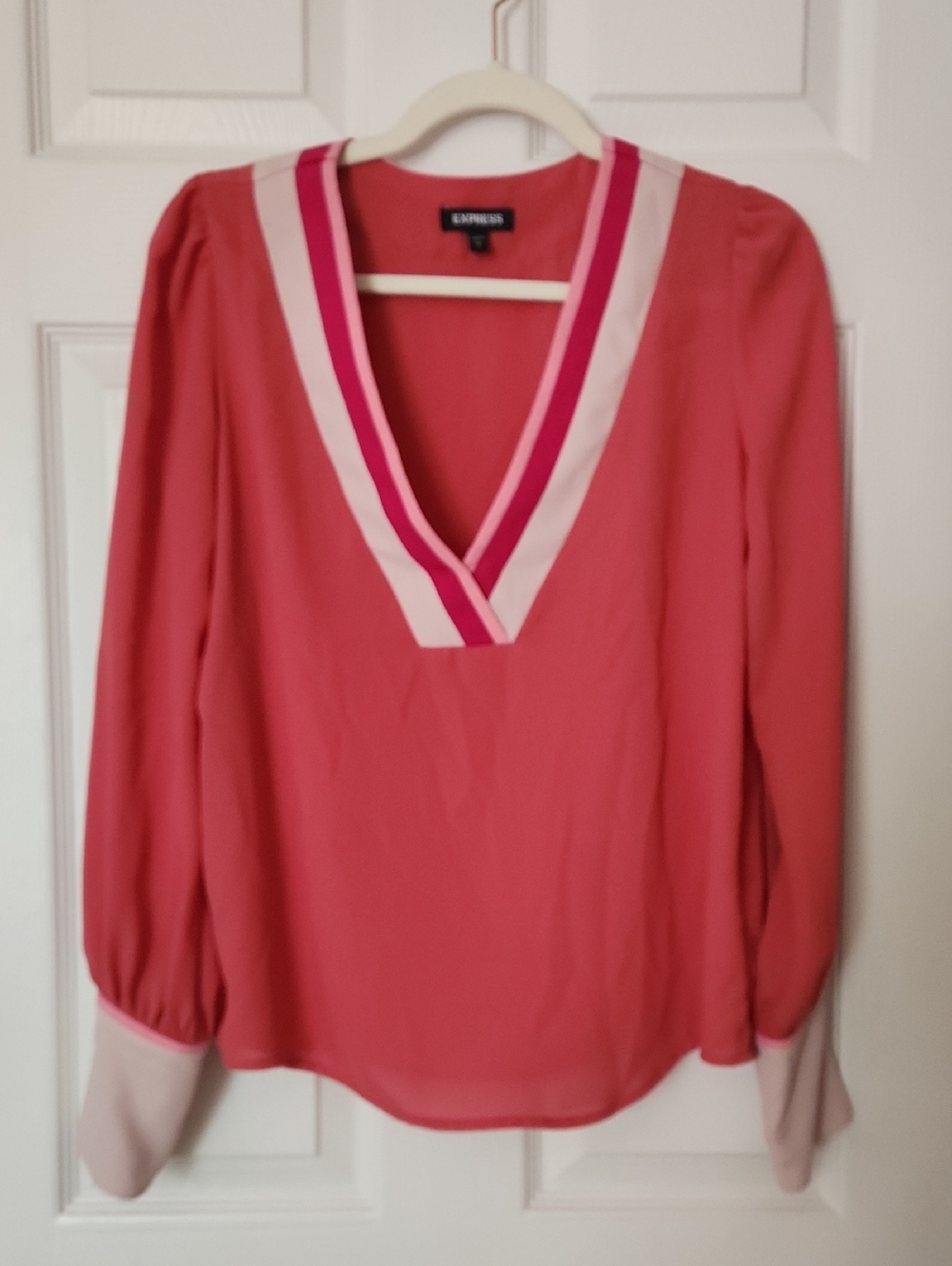 Express Coral Pink V-Neck Blouse with Contrast Trim